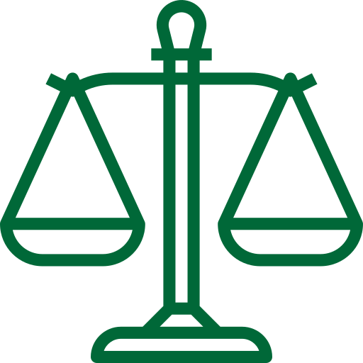 A green line icon of scales of justice