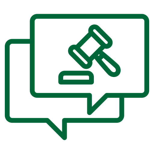 A green line icon of conversation bubble with a judge's gavel