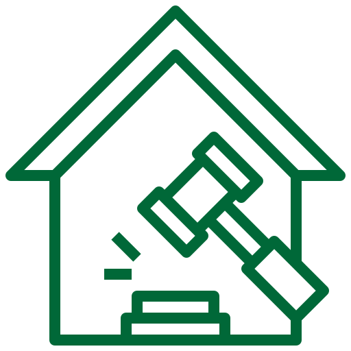 A green line icon of house symbolizing legal matters, accompanied by a hammer icon, representing justice and authority.