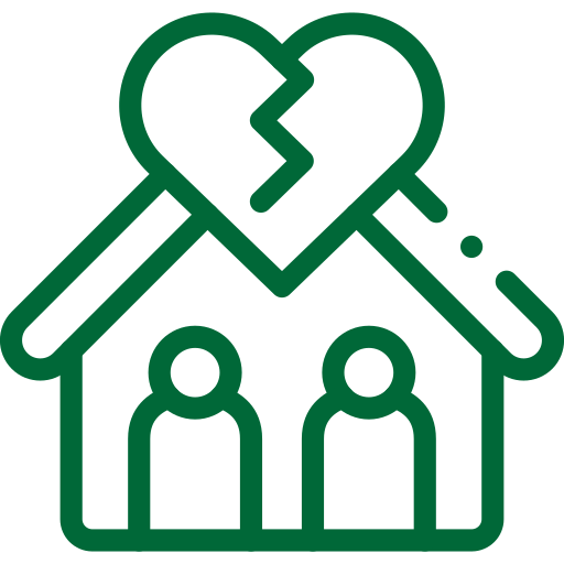 A green line icon of couple inside a house featuring a broken heart.