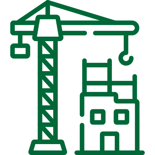 A green line icon of a crane at a construction site with a building under development.