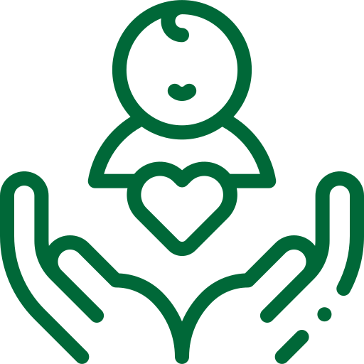 A green line icon of a child with a heart and a hand holding it.