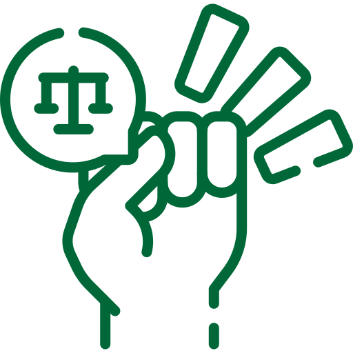 A green line icon of hand grasping a coin featuring a justice symbol, representing fairness and equity in society.