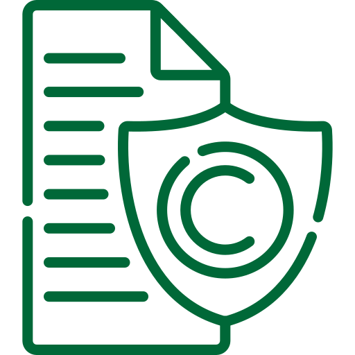 A green line icon a document with a copyright symbol.