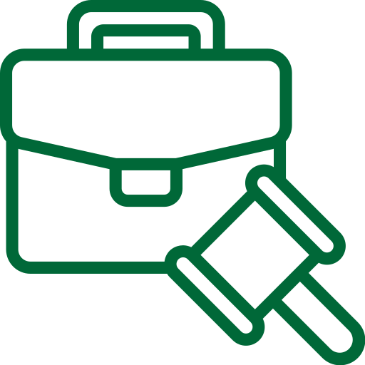 A green line icon of briefcase featuring a gavel icon, symbolizing law, justice, or legal profession in a professional setting.