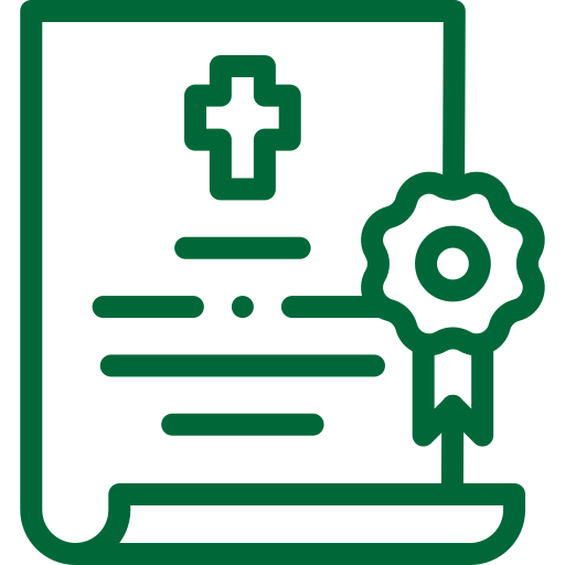 A green line icon of a death certificate document.