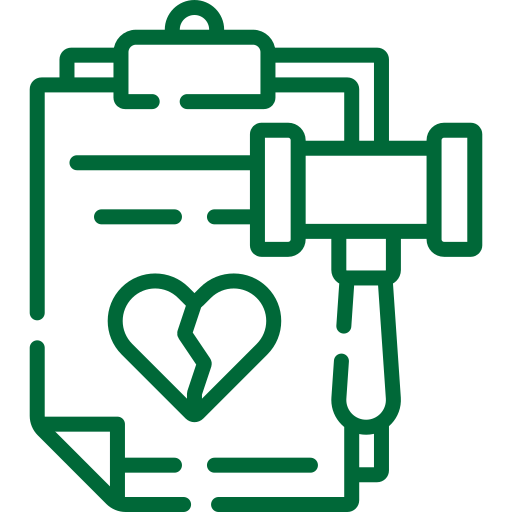 A green line icon of document with a heart and a gavel.