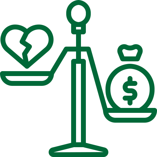 A green line icon of a heart and a dollar sign balanced on a scale.