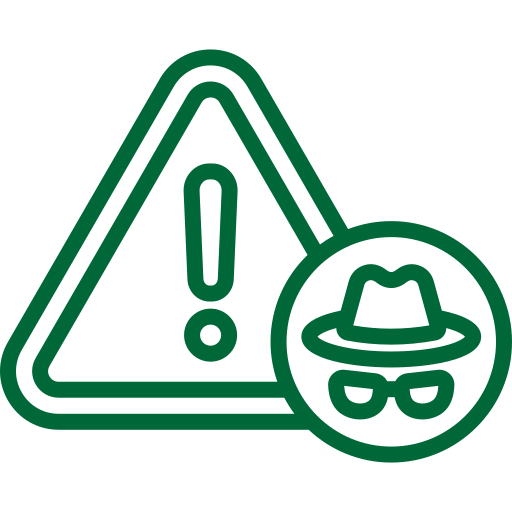 A green line icon a warning or alert sign and suspicious hat and glasses symbolizing fraud.