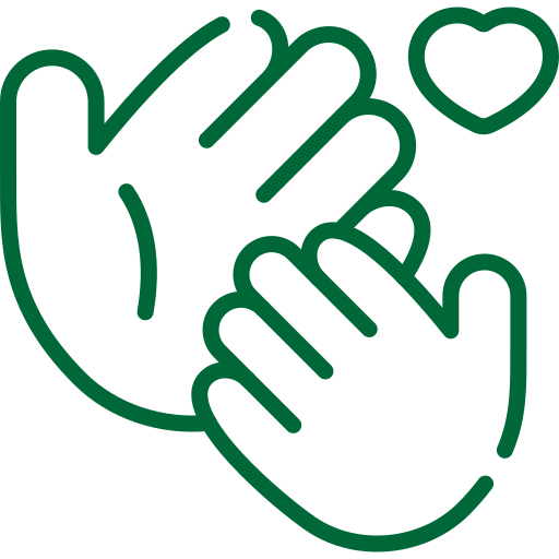 A green line icon of hand gently cradles a heart, supported by a smaller hand.