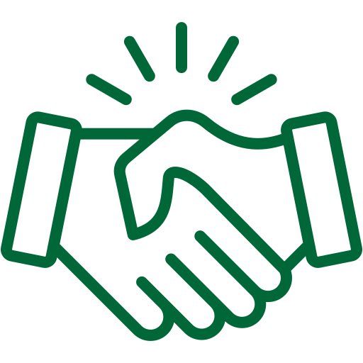 A green line icon of handshake