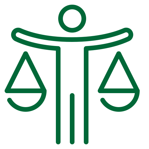 A green line icon of an individual holding scales of justice.