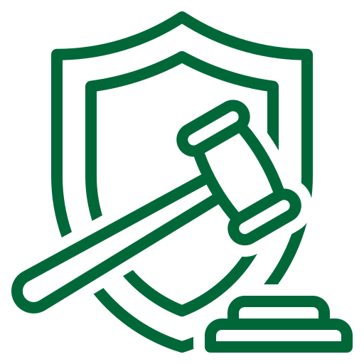 A green line icon of a protection shield and a gavel.