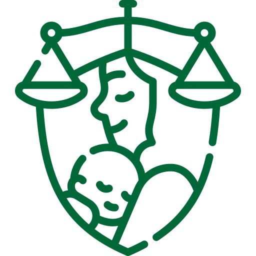 A green line icon of shield featuring a woman gently cradling a baby, symbolizing protection and care.