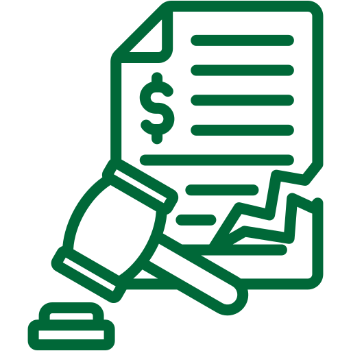 A green line icon a gavel rests on a paper featuring a prominent dollar sign.