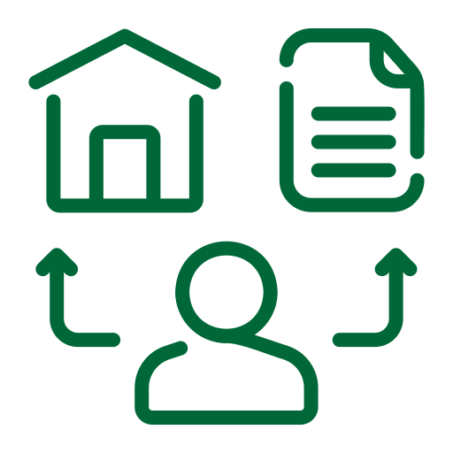 A green line icon of an individual with arrows pointing to house and a document.