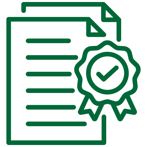 A green line icon a license agreement document with a prominent seal.