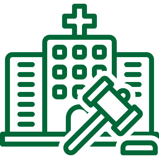 A green line icon of a hospital building featuring a gavel