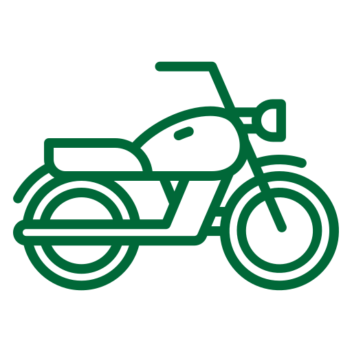 A green line icon of a motorcycle.