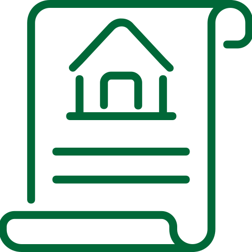 A green line icon of a document with a house illustration.