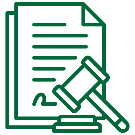 A green line icon of a gavel alongside a documents.