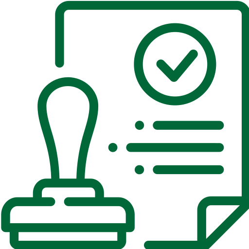 A green line icon of a stamp placed next to a sheet of paper that displays a check mark