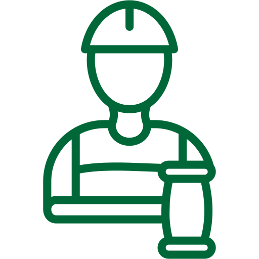 A green line icon of a man with a construction hat and a gavel.