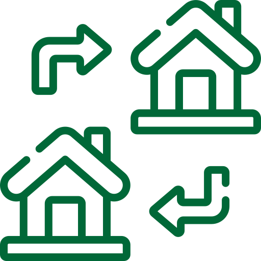 A green line icon of arrows directing two houses, symbolizing the concept of house transfer.